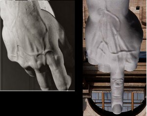 Confronto: mano del David di Michelangelo e L.O.V.E. di Cattelan